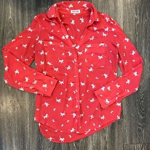 Express Small red cat print button down shirt